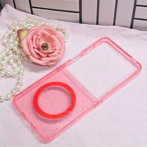 For Samsung Galaxy Flip7 Case Magsafe Transparent Sparkle Clear Coral Red